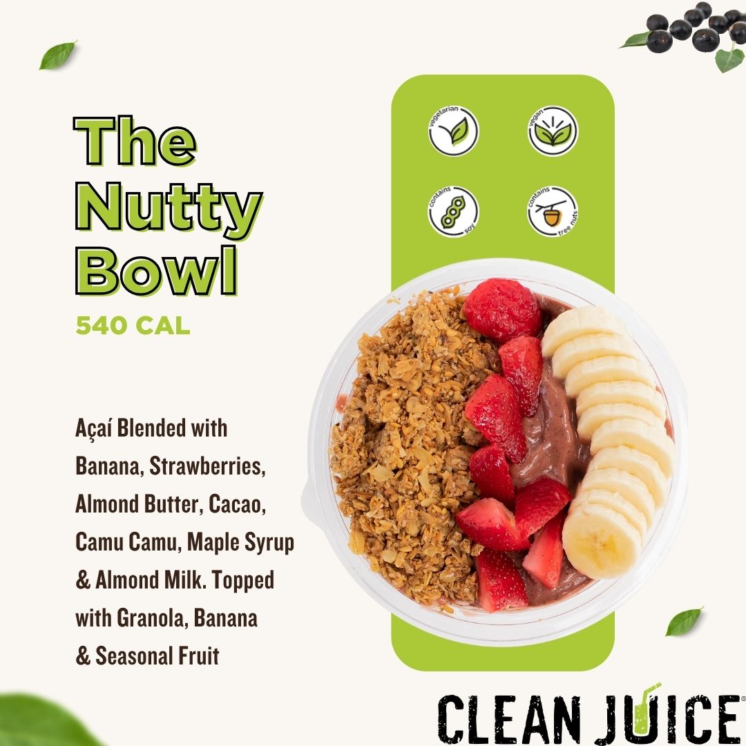 Acai blended with bananas, strawberries, almond butter, cacao, camu camu, maple syrup and almond milk. Topped with granola, banana and seasonal fruit.