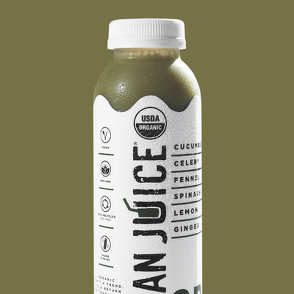 Clean Juice green juice bottle with cucumber, celery, fennel, spinach, lemon and ginger