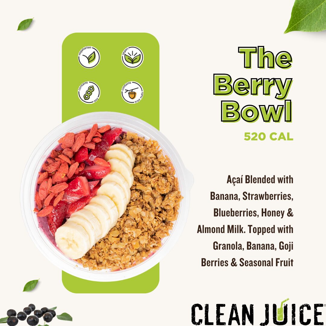 The Berry Bowl - acai blended with banana, strawberries, blueberries, honey and almond milk. Topped with granola, banana, goji berries and seasonal fruit.